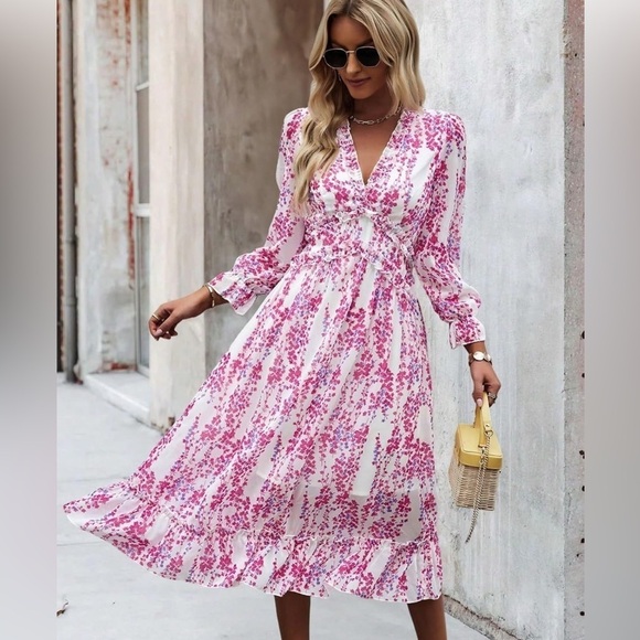 seasty Dresses & Skirts - Midi Dress Long Sleeve Pink White Floral Frill Trim Flounce Sleeve Ruffle Hem M